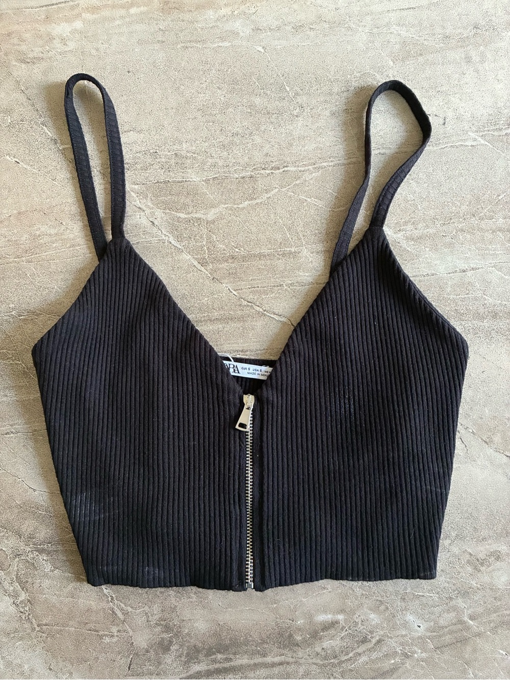 Black Ribbed Zip-Front Cami Top